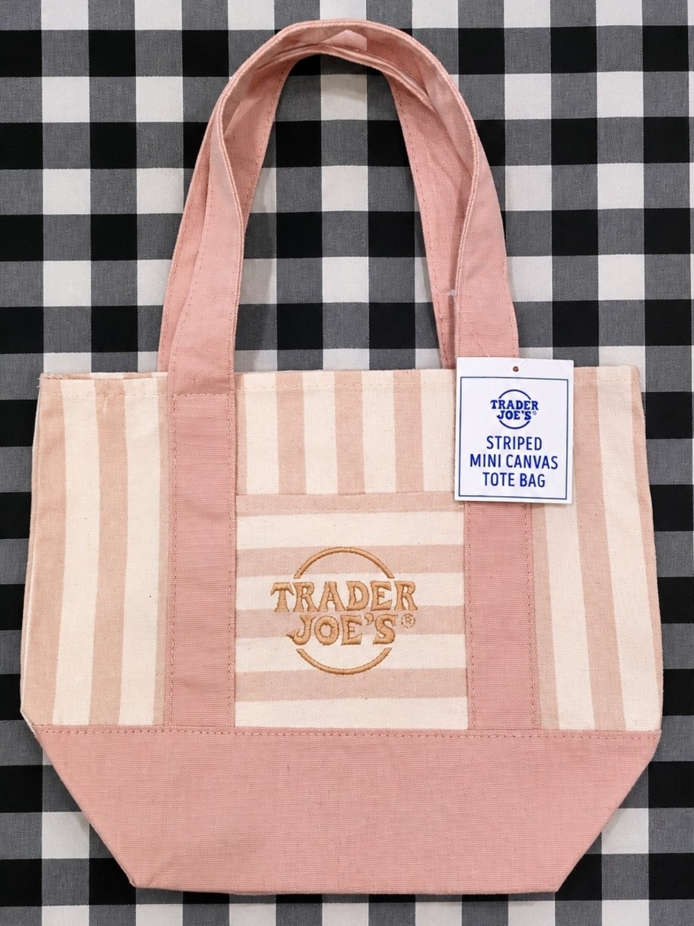 Trader Joe's Striped Mini Canvas Tote Bag Pink & White NWT